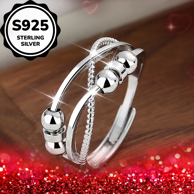 925 Sterling Silver Double Strand Beaded Ring Rotating Pearls Bohemian Style